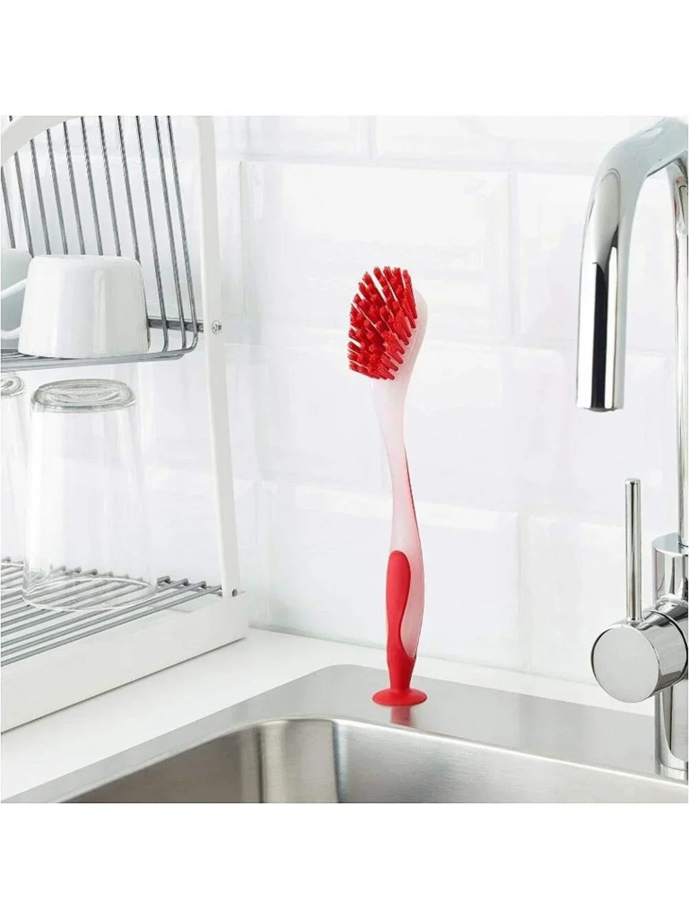 Ikea Red Kitchen Scrub Brush Suction Cup Sink Dish Washing Vegetable Scrubber